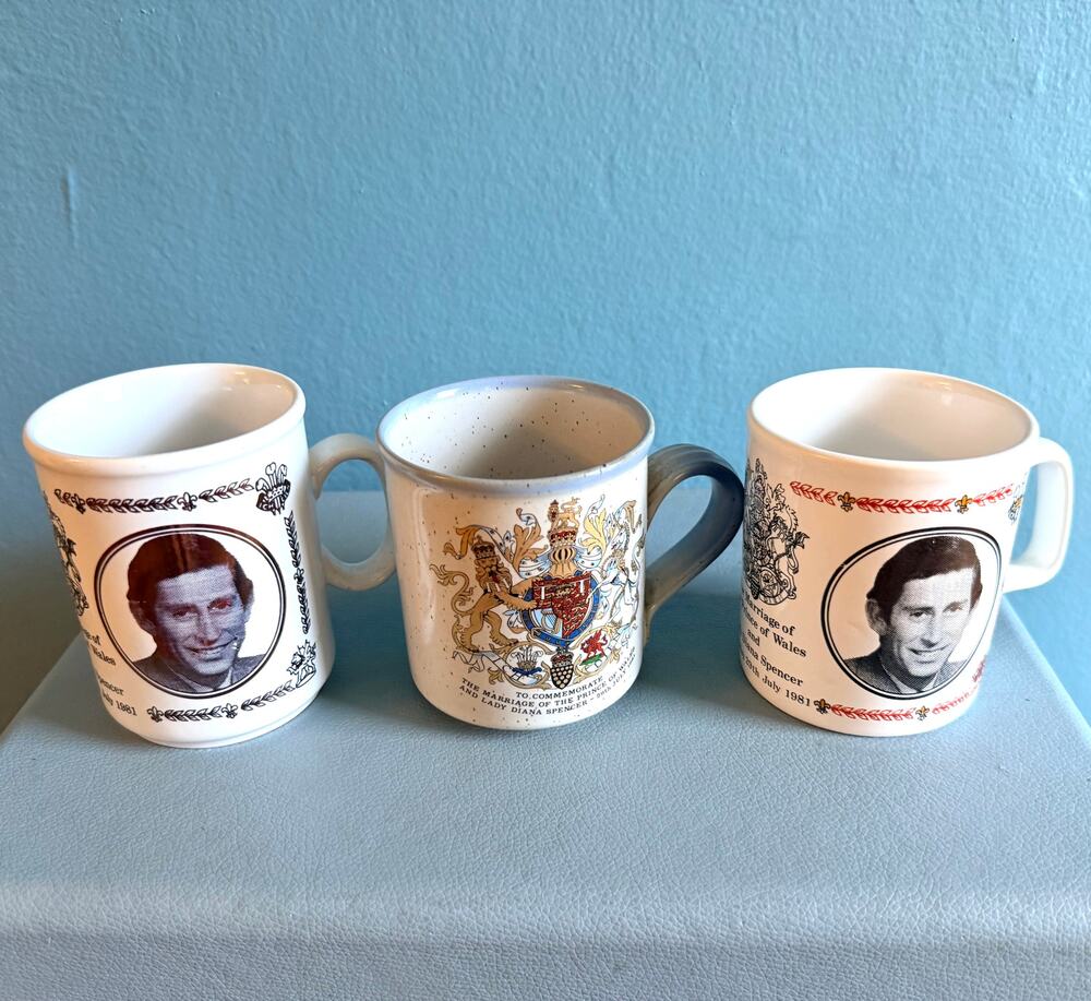 3 Vintage 1981 Royal Wedding Mugs Prince Charles & Lady Diana Commemorative Cups